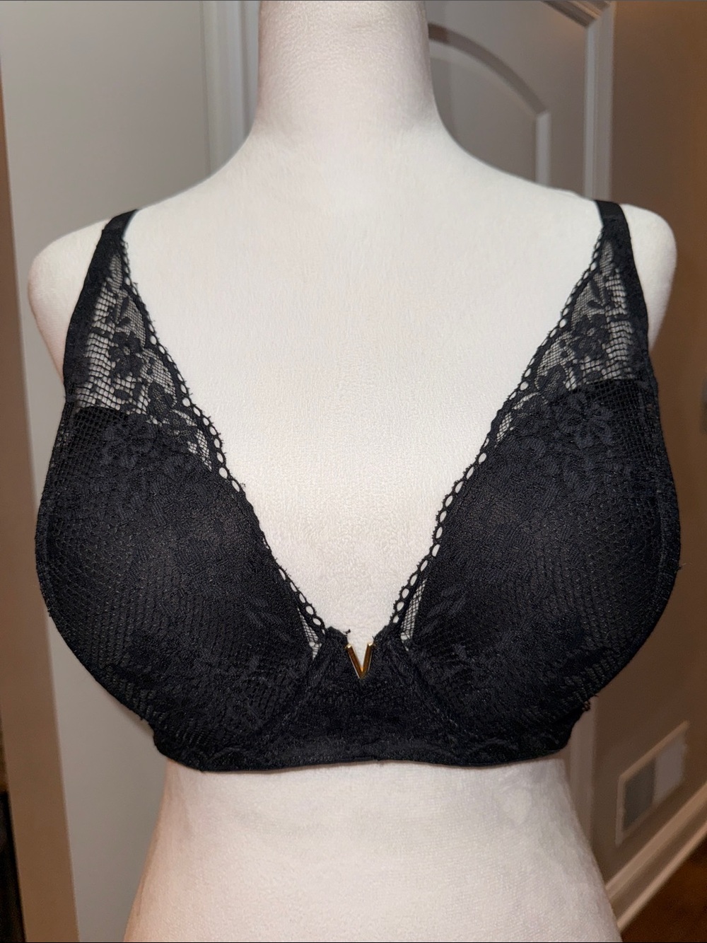 Victoria's Secret Black Lace Plunge Bra with Gold V Detail
